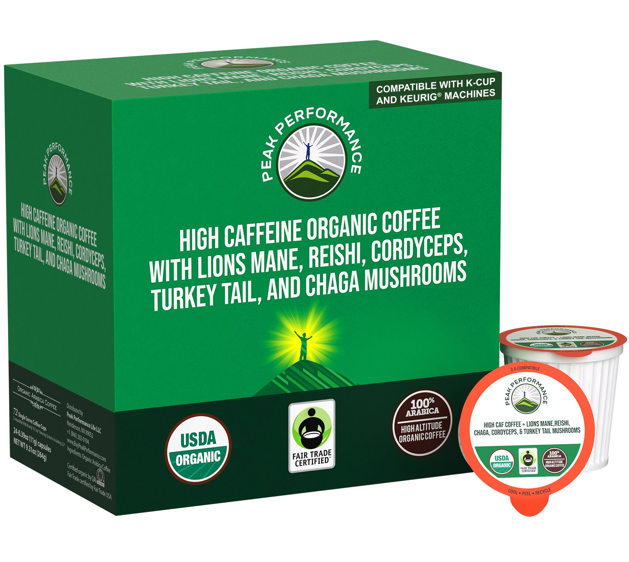Organic Mushroom Coffee Pods with Lion's Mane, Reishi, Cordyceps, Turkey Tail, and Chaga Mushrooms. High Altitude, Low Acid, Smooth Tasting, Fair Trade, Instant Nootropic Coffee (Medium Roast Ground)