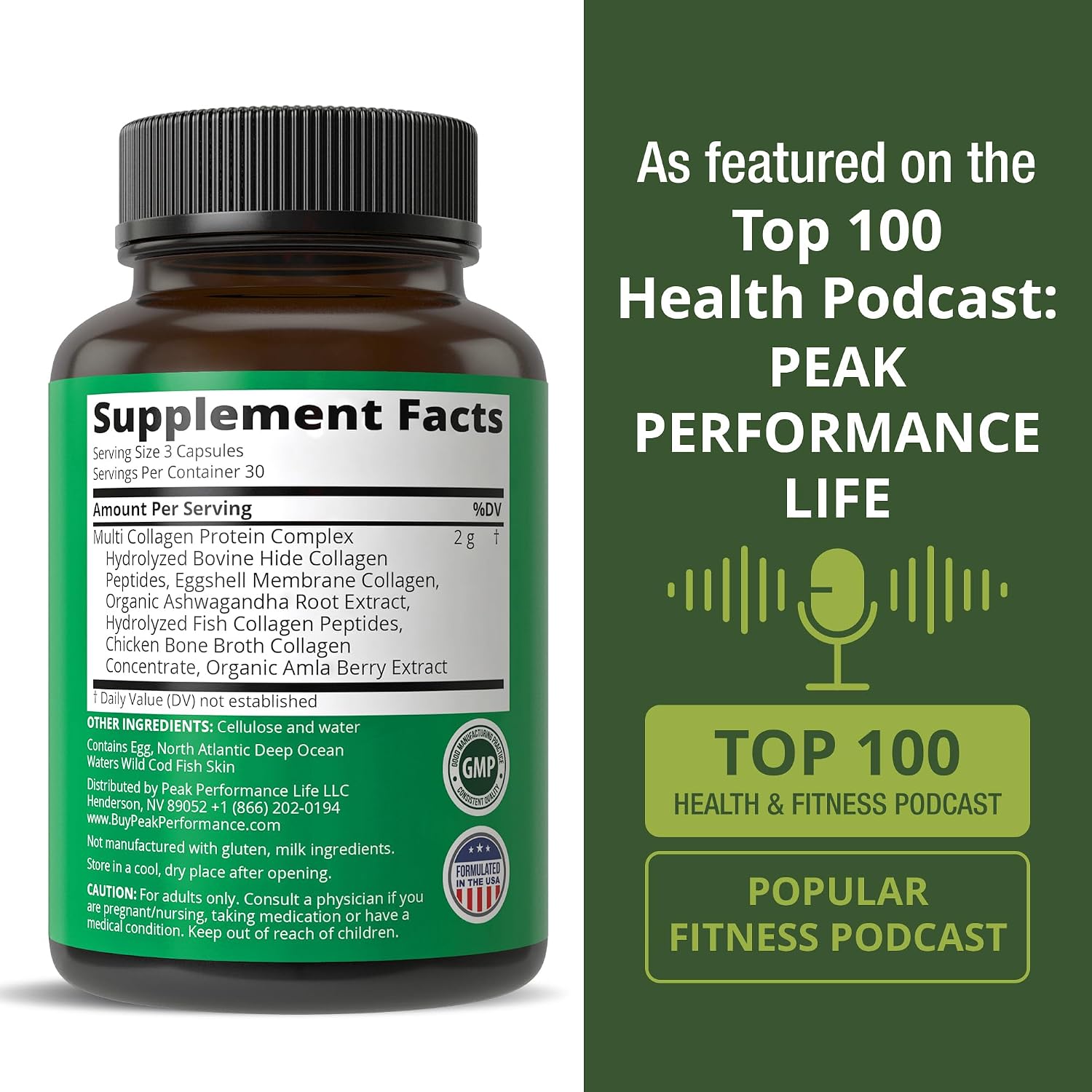 Peak Performance All 5 Multi-Collagen Capsules - 90 Pills of Grass Fed Peptides Protein - Supplement with All 5 Collagen Types I, II, III,V, X from Beef, Fish, Eggshell, and Chicken Bone Broth