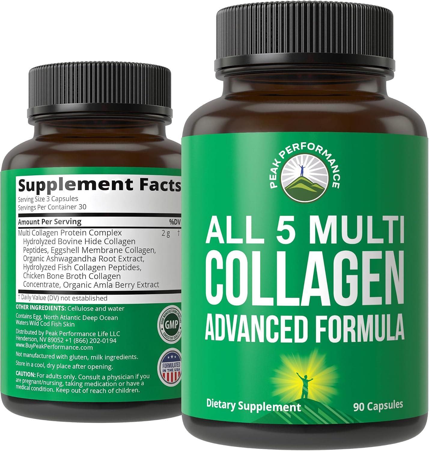 Peak Performance All 5 Multi-Collagen Capsules - 90 Pills of Grass Fed Peptides Protein - Supplement with All 5 Collagen Types I, II, III,V, X from Beef, Fish, Eggshell, and Chicken Bone Broth
