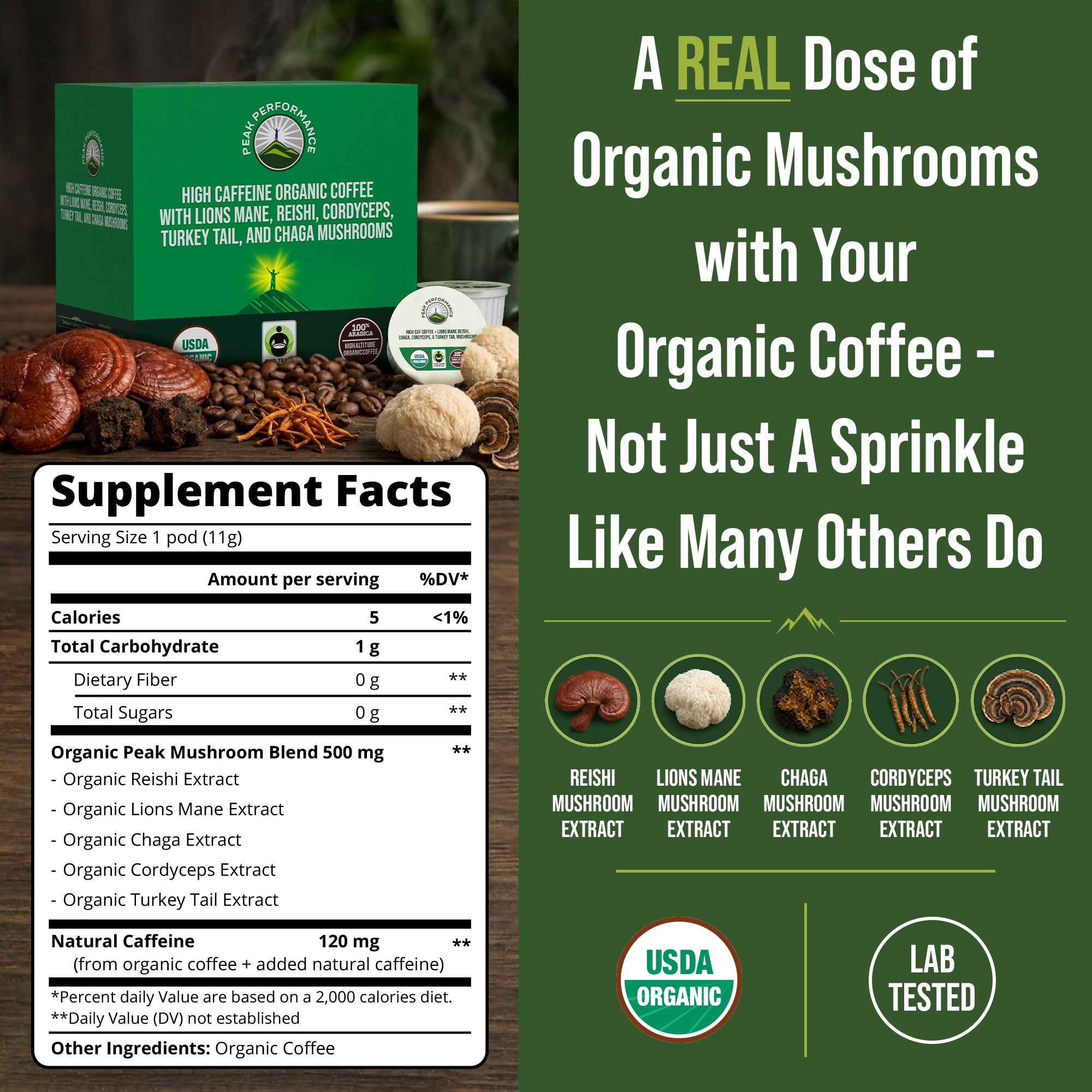 Organic Mushroom Coffee Pods with Lion's Mane, Reishi, Cordyceps, Turkey Tail, and Chaga Mushrooms. High Altitude, Low Acid, Smooth Tasting, Fair Trade, Instant Nootropic Coffee (Medium Roast Ground)