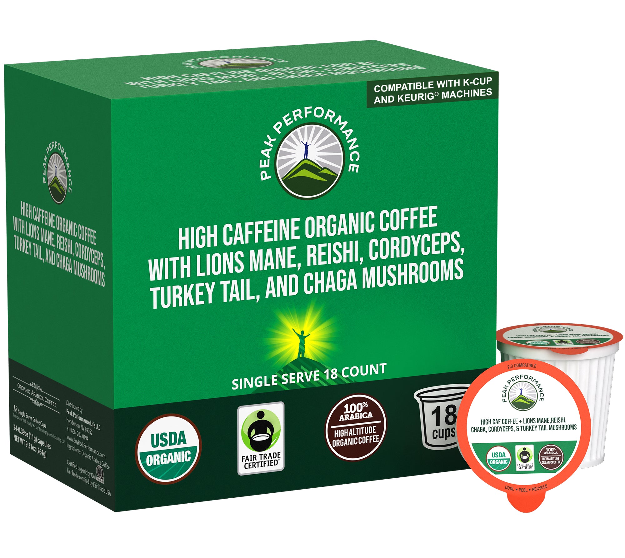 Organic Mushroom Coffee Pods with Lion's Mane, Reishi, Cordyceps, Turkey Tail, and Chaga Mushrooms. High Altitude, Low Acid, Smooth Tasting, Fair Trade, Instant Nootropic Coffee (Medium Roast Ground)