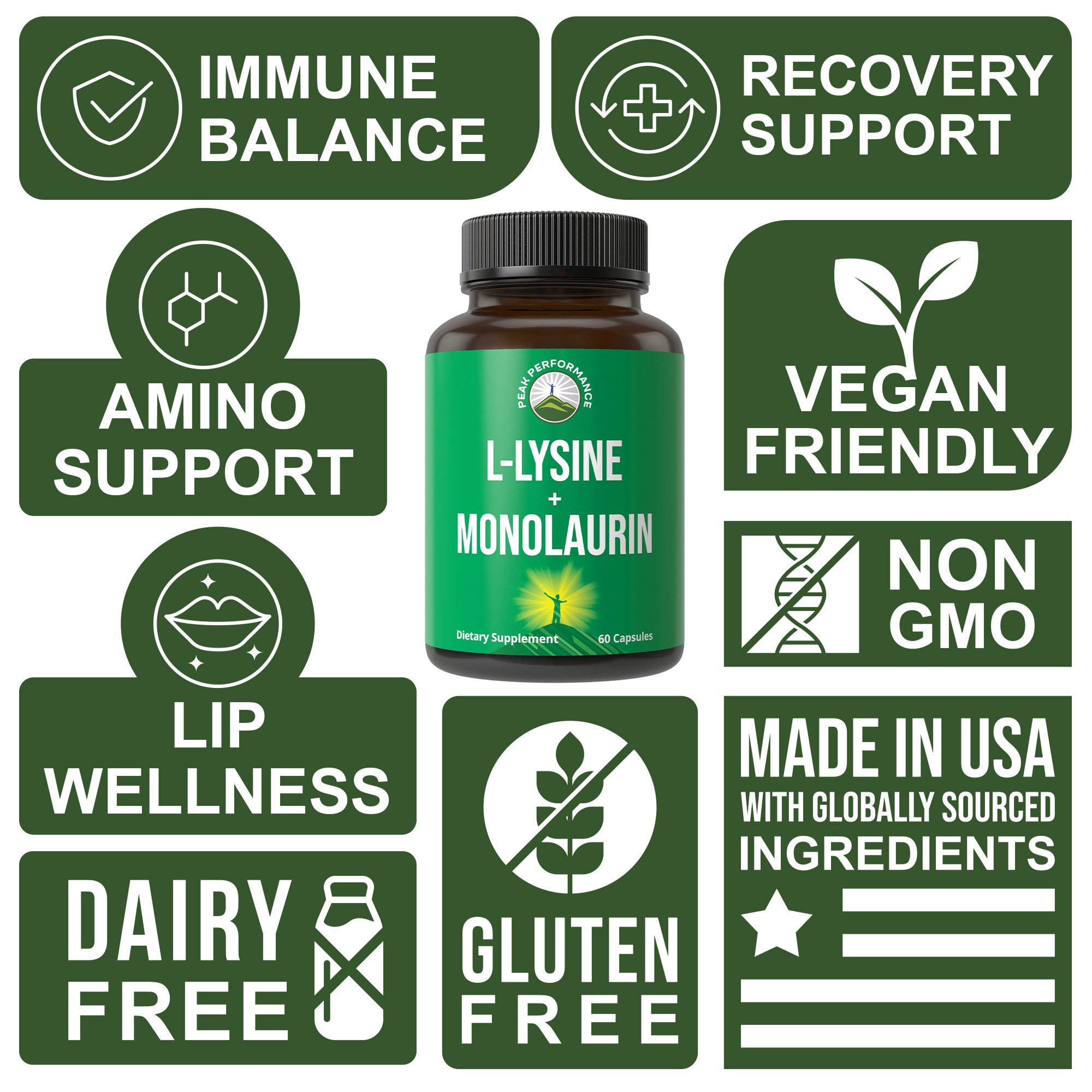 Peak Performance L Lysine 1000mg + Monolaurin 500mg Supplement for Immune Support - High Potency L-Lysine for Lips, Skin, & Health - 2-in-1 Bioavailable Supplements for Men and Women - 60 Capsules