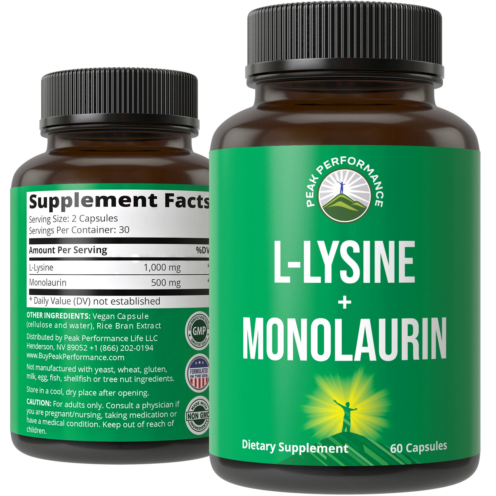 Peak Performance L Lysine 1000mg + Monolaurin 500mg Supplement for Immune Support - High Potency L-Lysine for Lips, Skin, & Health - 2-in-1 Bioavailable Supplements for Men and Women - 60 Capsules