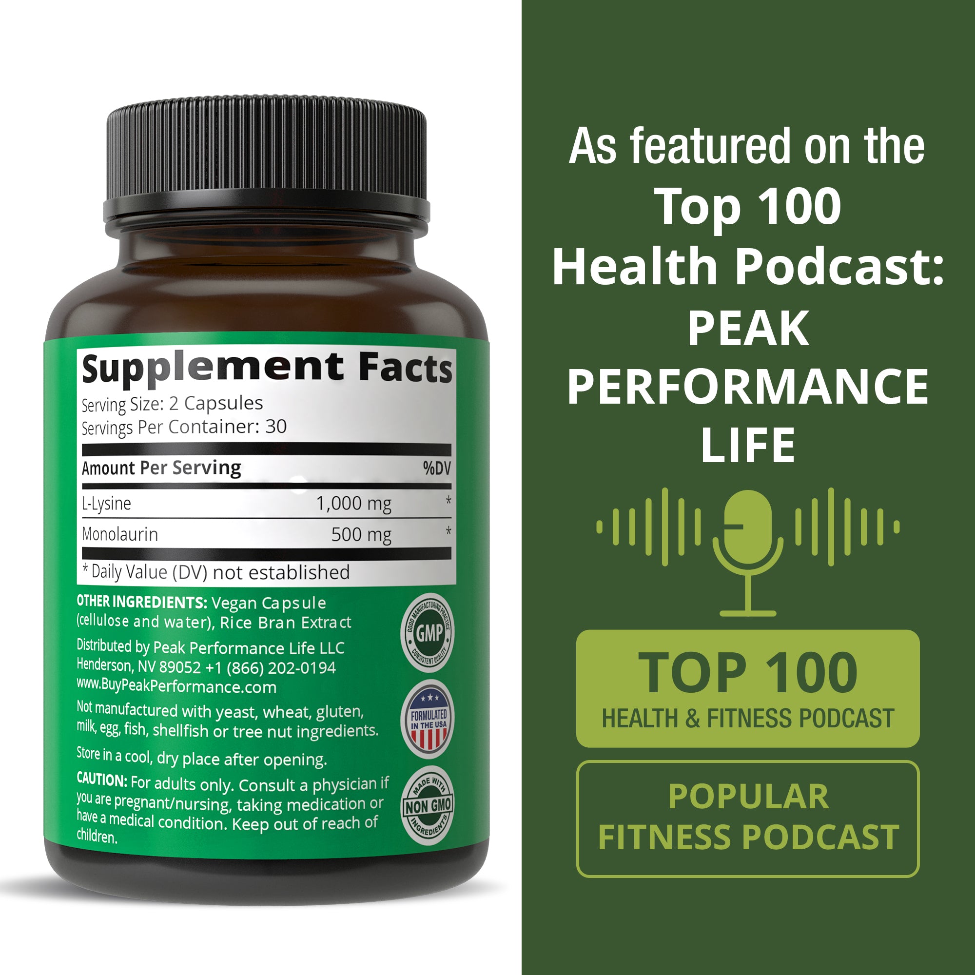 Peak Performance L Lysine 1000mg + Monolaurin 500mg Supplement for Immune Support - High Potency L-Lysine for Lips, Skin, & Health - 2-in-1 Bioavailable Supplements for Men and Women - 60 Capsules