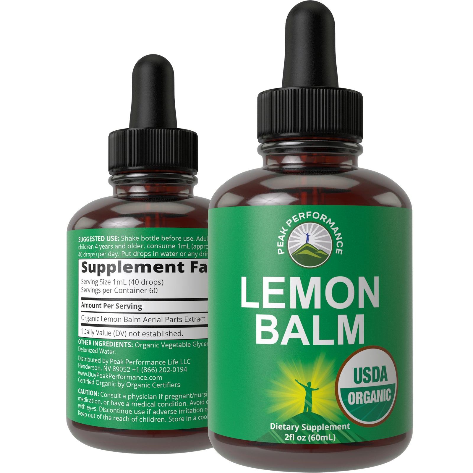 Peak Performance USDA Organic Lemon Balm Tincture - Liquid Oil Drops Supplement for Relaxation, Calm, Digestion - Vegan Leaf Extract - Zero Sugar, Gluten Free Supplements for Women & Men 2 fl oz