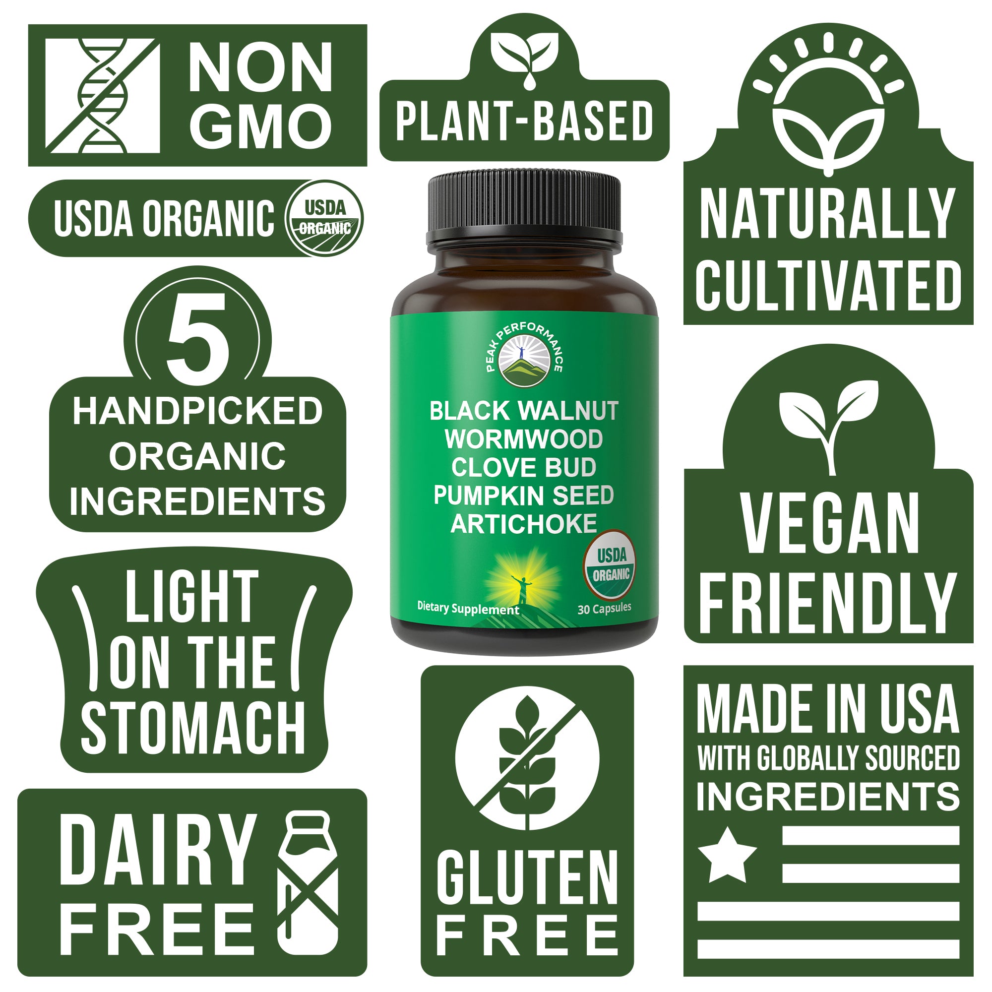 USDA Organic Wormwood, Black Walnut, Clove Detox & Cleanse Capsules