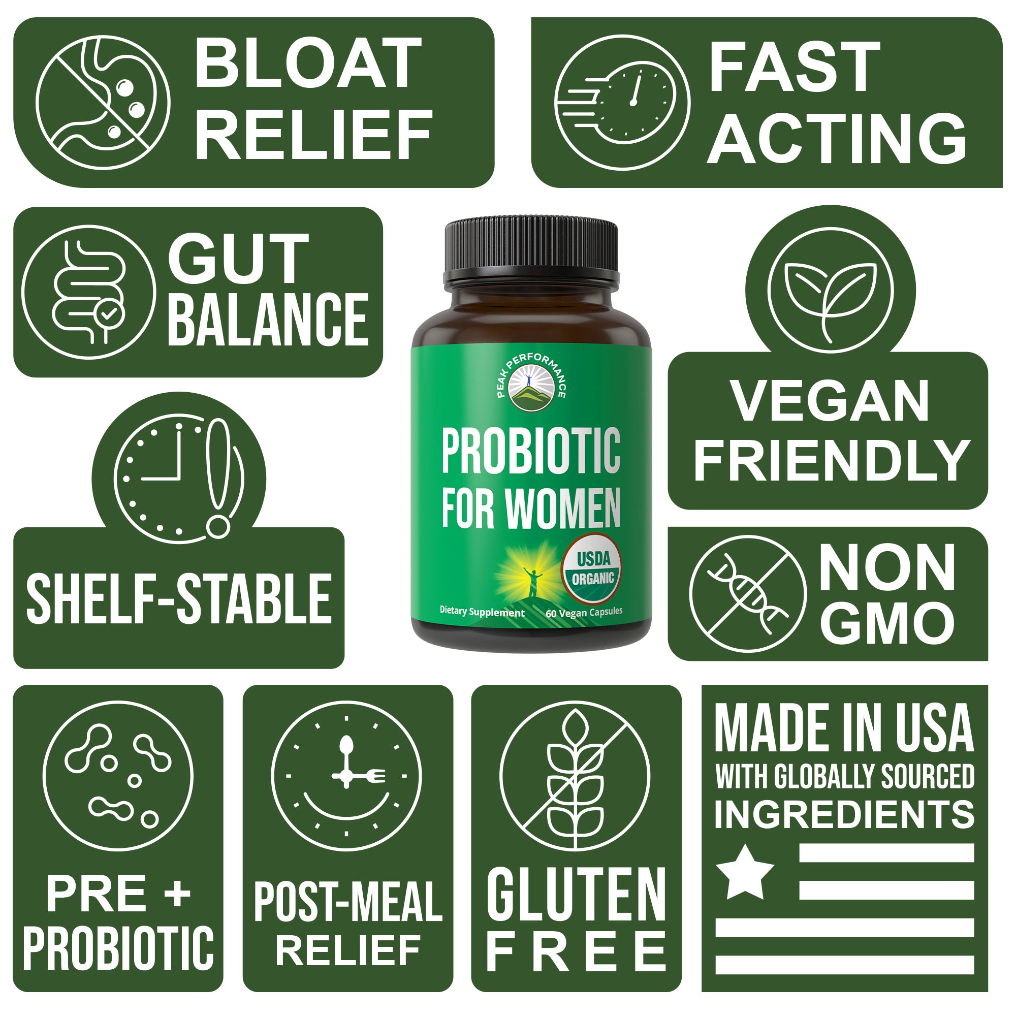 USDA Organic Probiotics for Women. 4-in-1 Womens Probiotic Capsules | With Bacillus Coagulans, Bacillus Subtilis, and Organic FOS Fiber for Female Bloating, Digestive, and Gut Support
