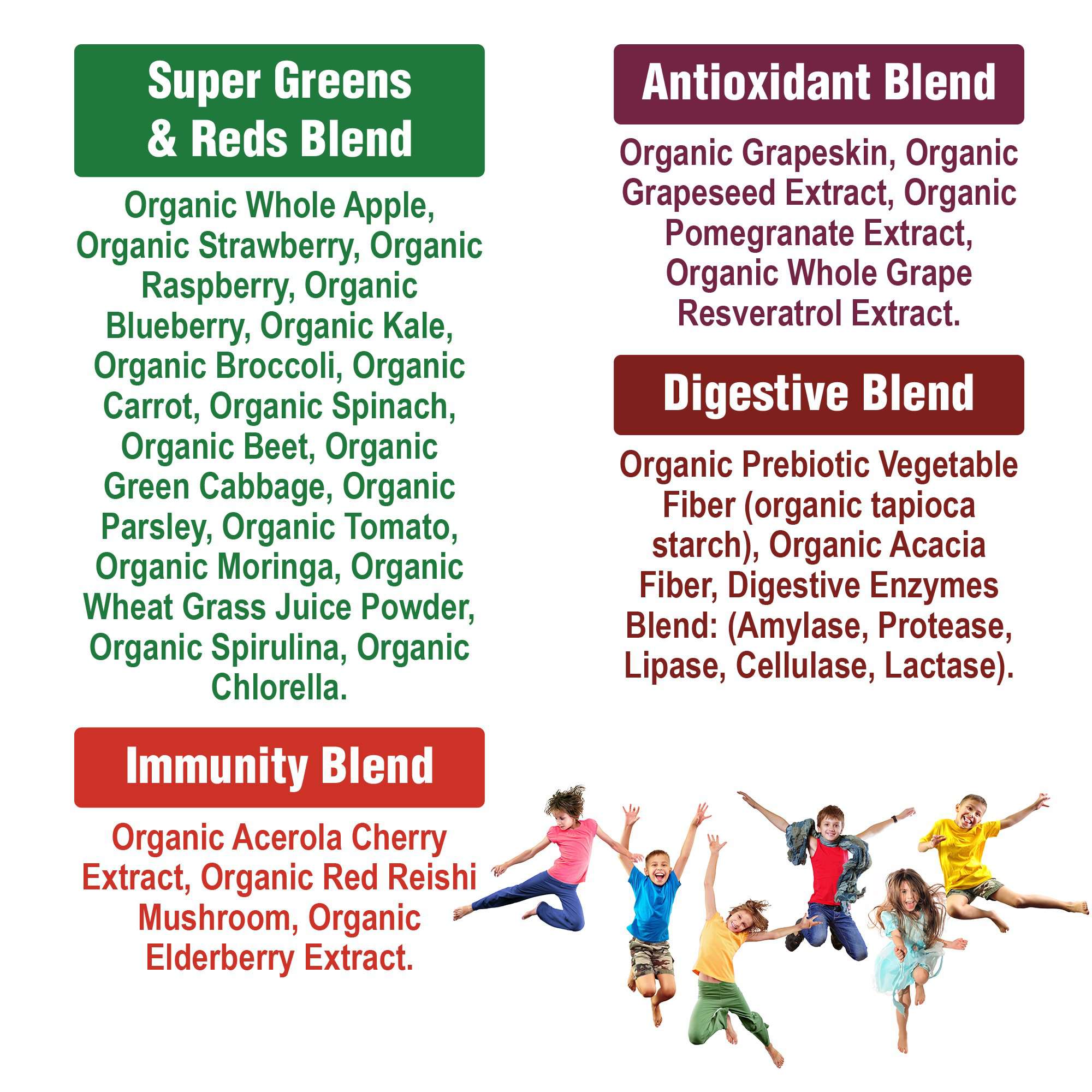 Performance Organic Greens Superfood Powder. Organic Green Juice Super Food With 25+ All Natural Ingredients For Max Energy & Detox. Spirulina, Spinach (KIDS Greens +